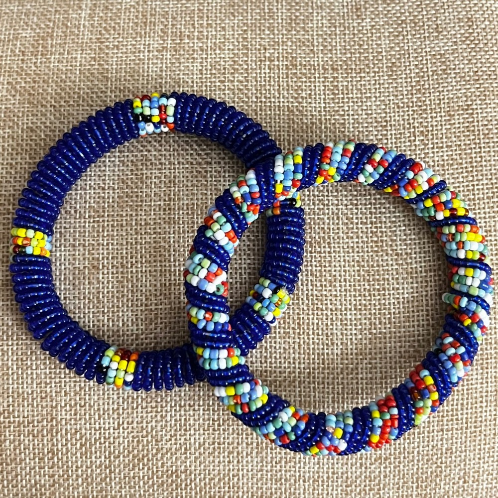 Blue Multi Color Seed Bead Bangle Bracelet Set of 2 - 7.5 Eclectic